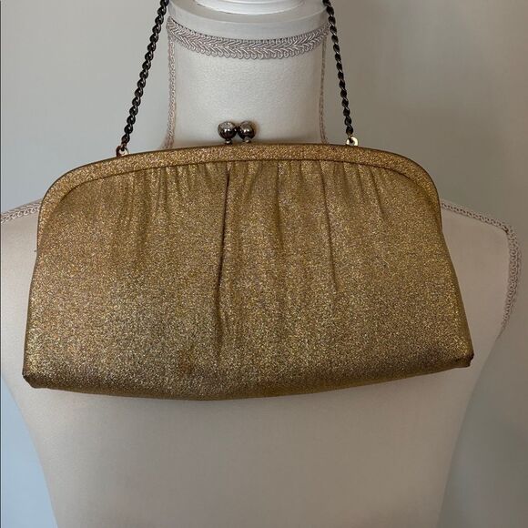 Vintage Gold Evening Clutch with Chain Strap | Kisslock Rhinestone Closure - Picture 7 of 10